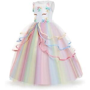 White/Rainbow Unicorn Girl Dresses Party Princess Flower Costume 13-14 Years